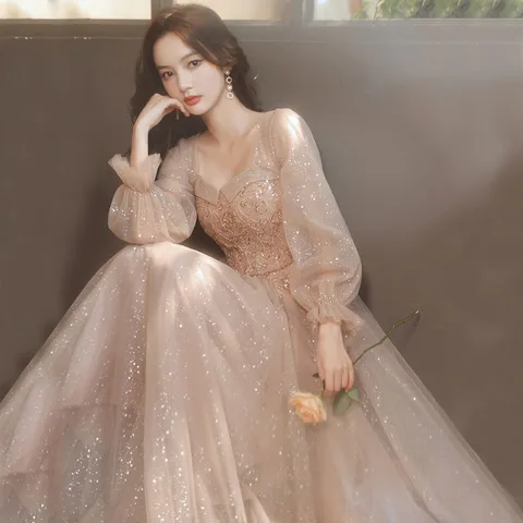 DongCMY женские вечерние платья с длинным рукавом, новинка 2024, весна и лето, банкет, яркий цвет шампанского