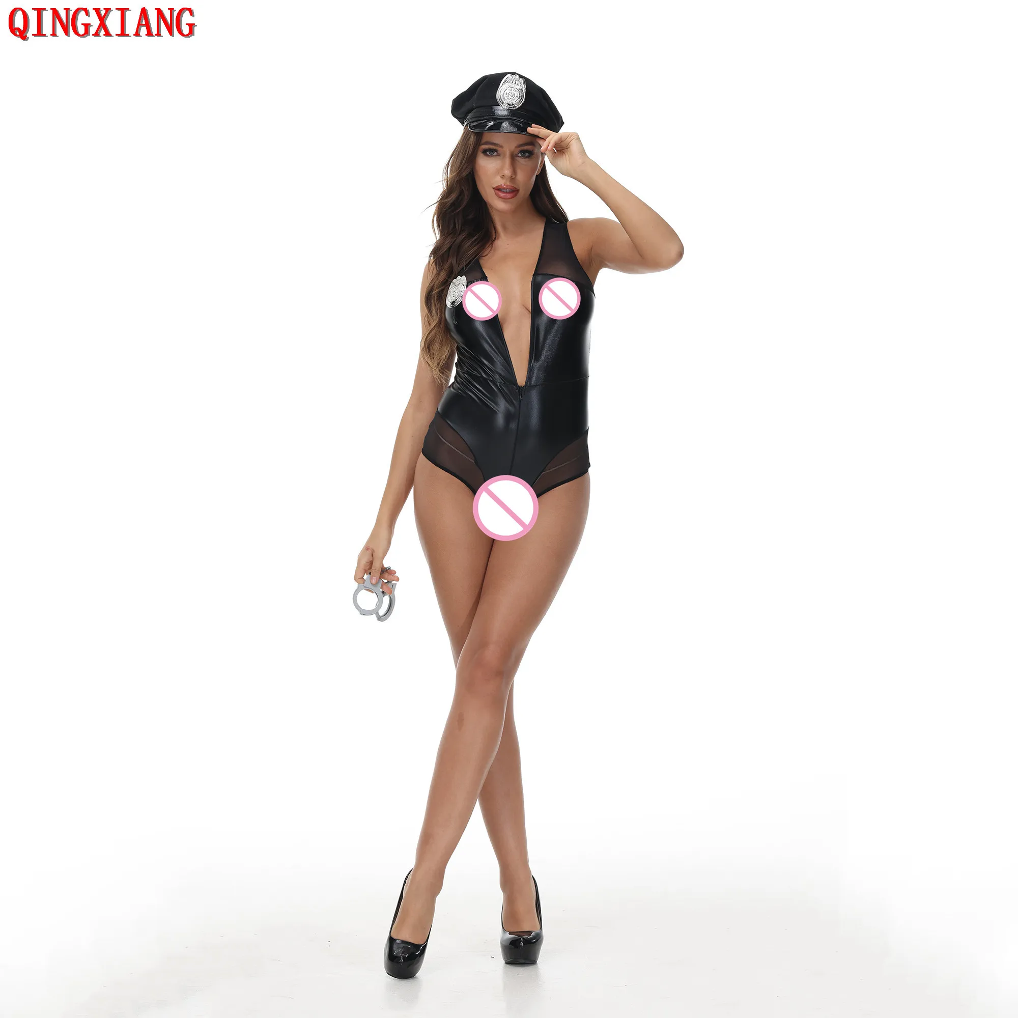 

2022 America Policewomen PU Deep V Neck Sexy Bodysuit Hat Handcuff Set Police Women Faux Leather Net Night Club Cosplay Costume