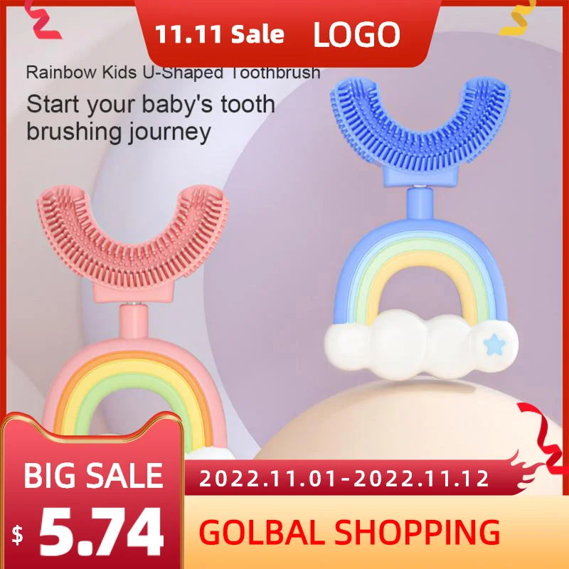 

Children 360 Degree Rainbow Manual Toothbrush Kids Silicone U-Shaped Tooth Brush Cartoon Oral Care Cleaning For 2-6-12 Years Old
