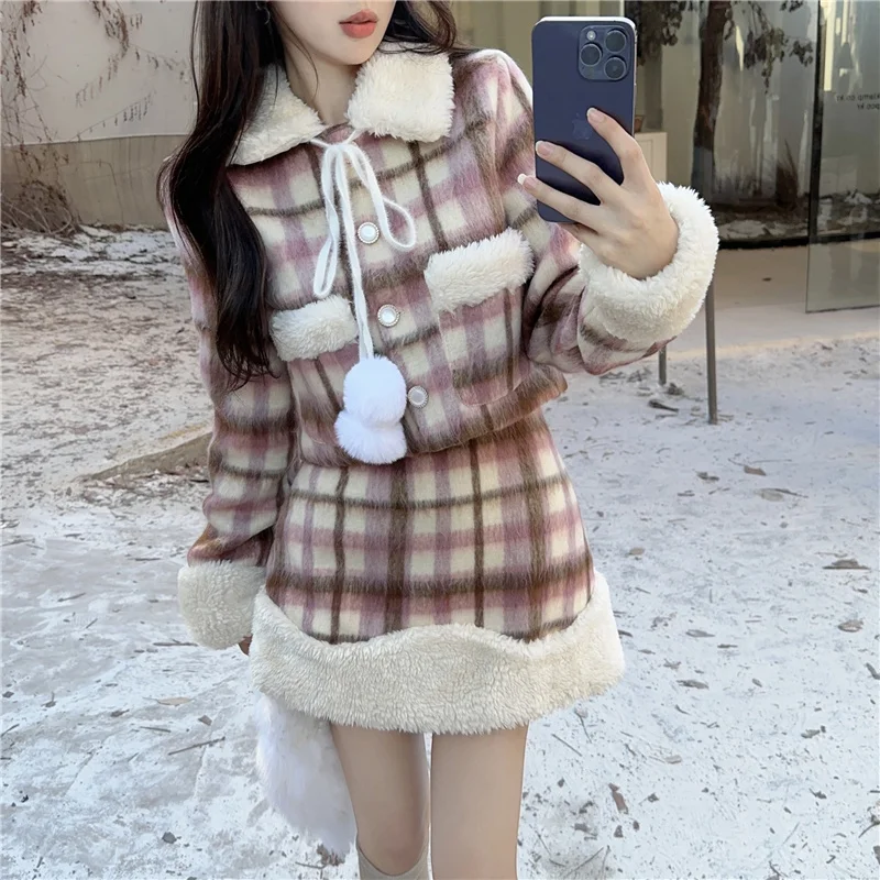 

Elegant Small Fragrance Wind Tweed Pink Plaid Mini Skirt Sets Women Winter Plush Splice Jackets Thicken Two Piece Suit Outfits