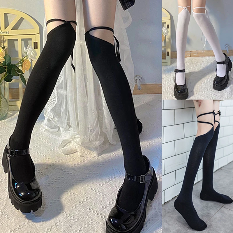 

Japanese Style Women Lolita Thigh High Socks Harajuku Gothic Criss Cross Lace-Up Bandage Student Over Knee Stockings