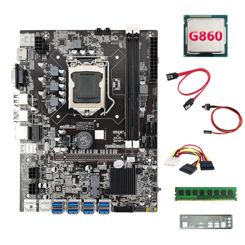 

B75 8USB ETH Mining Motherboard+G860 CPU+DDR3 4GB 1600Mhz RAM+4PIN To SATA Cable+Switch Cable+SATA Cable+Baffle