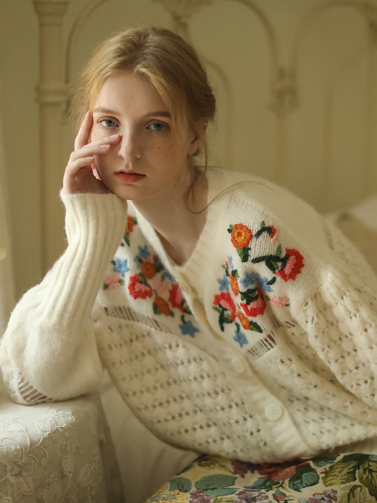 Женский винтажный кардиган шерстяной свитер с французской вышивкой ручной