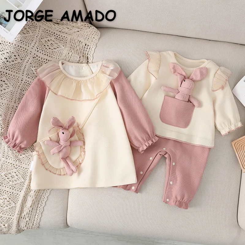 2022 Spring Family Matching Sister Clothes Long Sleeves Pink Rabbit Romper+Princess Baby Dress Twins Cute Clothes Outfits E9152