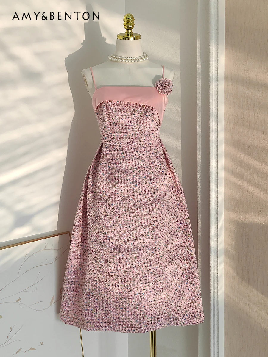 Французское элегантное твидовое платье с блестками строченное трехмерное без