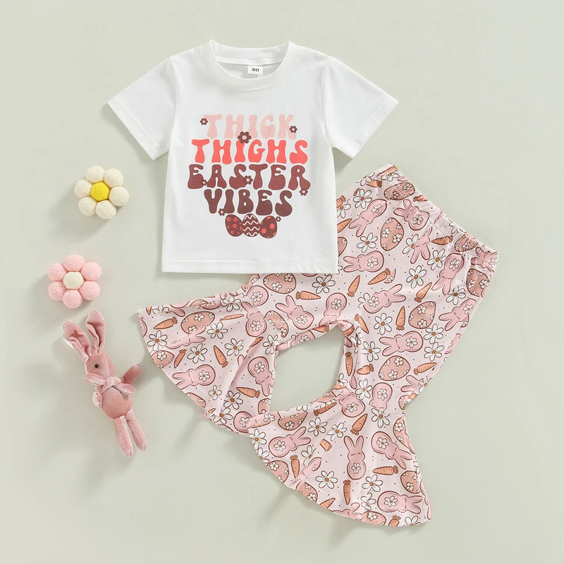 

Модный летний детский комплект одежды для девочек в стиле Пасхи, хлопковая футболка с коротким рукавом и мультяшным принтом букв + длинные расклешенные брюки, наряды