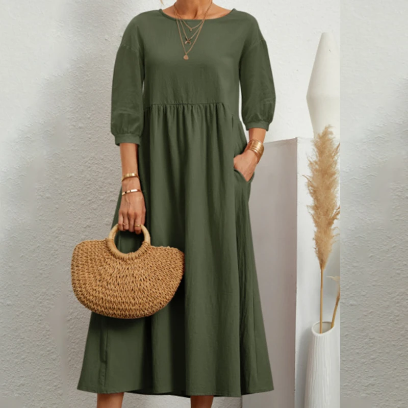 

Платья женские, Элегантное повседневное платье с карманами, женское однотонное модное свободное хлопковое платье с рукавами-фонариками для дам
