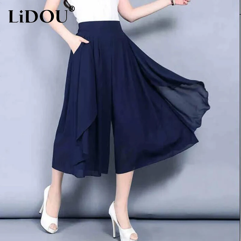 Summer New Chiffon Elegant Fashion Solid Wide-leg Pants Female Seven-point Loose Casual Lady Trousers High Waist Female Clothes