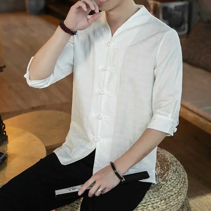 Новинка 2024 мужские топы в китайском стиле льняной костюм Тан однотонная