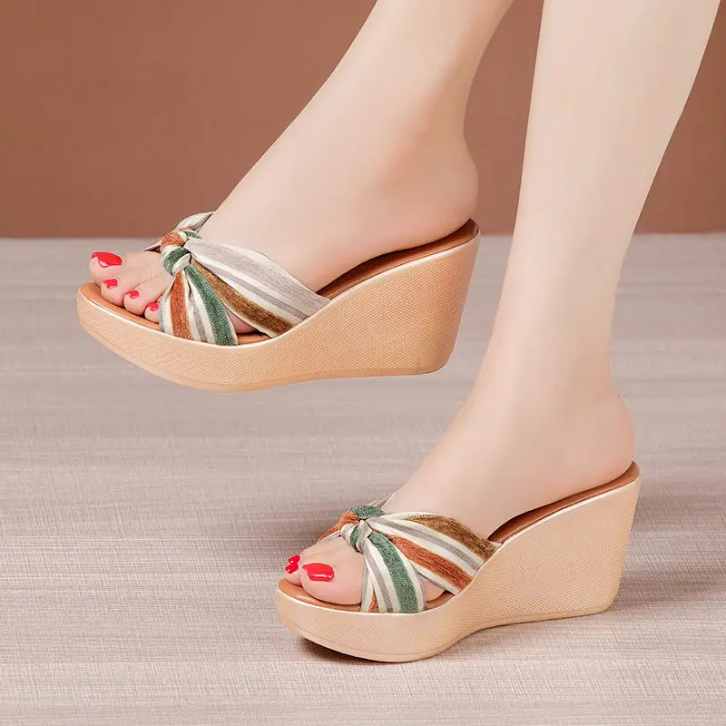 

Small Size 32-43 Comfortable Multi Stripe Slippers Women's Platform Shoes 2023 Summer High Heels Wedges Slides Office Beach Mom