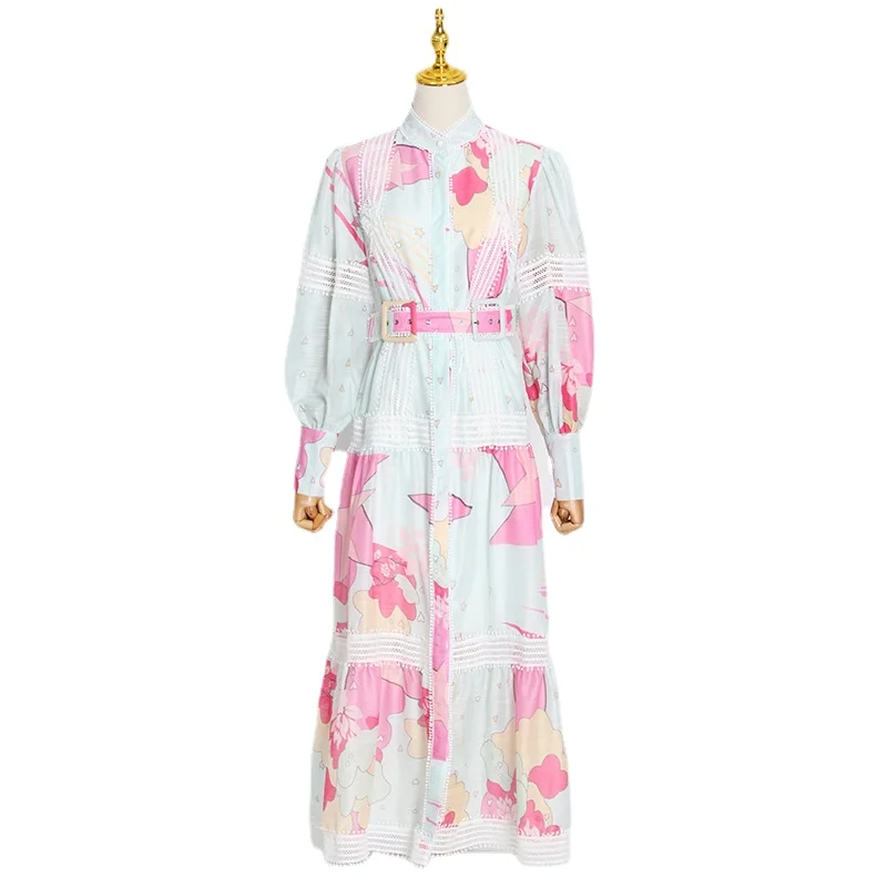 

High Quality Niche Long Dress 2022 Autumn New Fashion Print Small Stand-up Collar Lantern Sleeve Dresses Women Fashion Dress