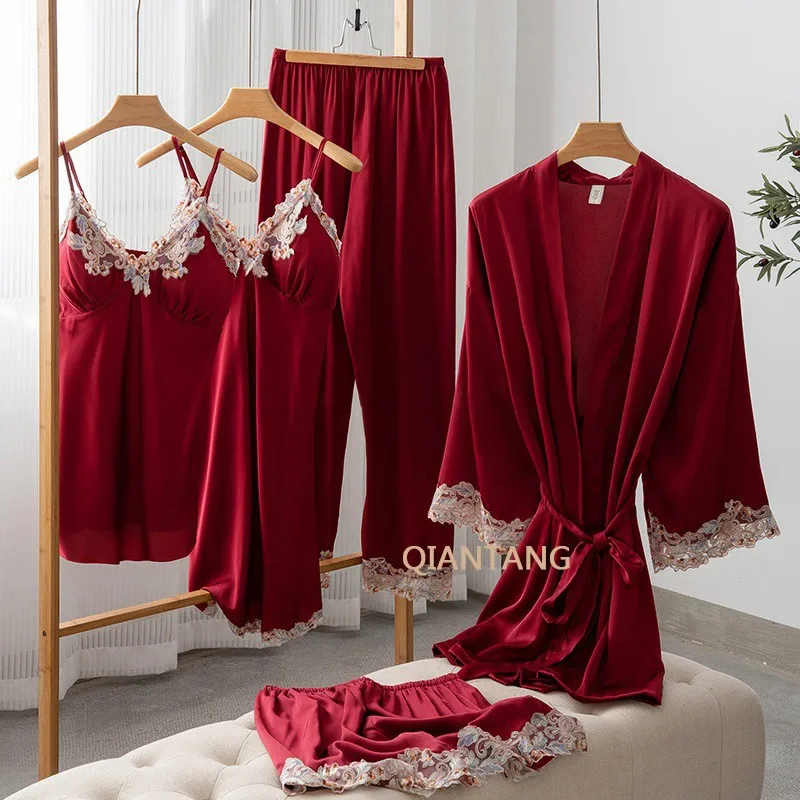 

Five Piece Pajamas Set Summer Female Satin Sleepwear Kimono Bathrobe Nightgown Spring Lady Lace Nightwear Robe Gown Homewear