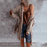 2021 womens new long sleeved suede stitching color matching knitted long hooded sweater cardigan fashion street jacket women