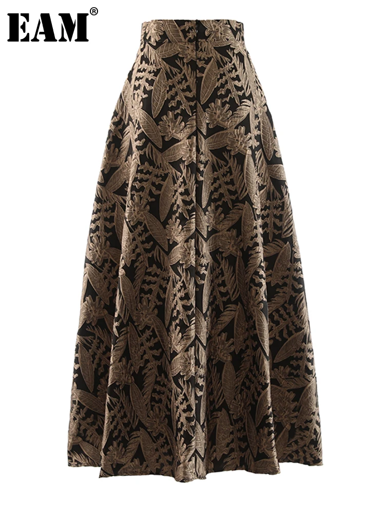 

[EAM] Длинная Элегантная трапециевидная юбка с высокой талией и вышивкой коричневого цвета, женская модная весенне-осенняя Новинка 2022 1DF2499