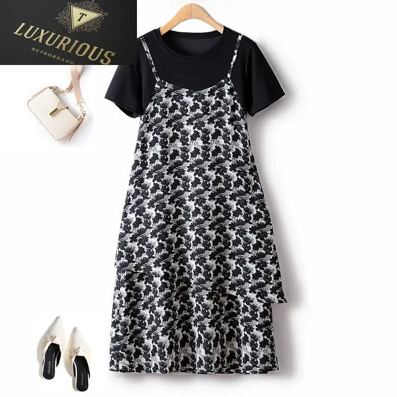 

Elegant And Pretty Women's Dresses Retro Casual Fake Two Piece Tulip Flower Chiffon Mid Length Short Sleeve Thin Female Dress