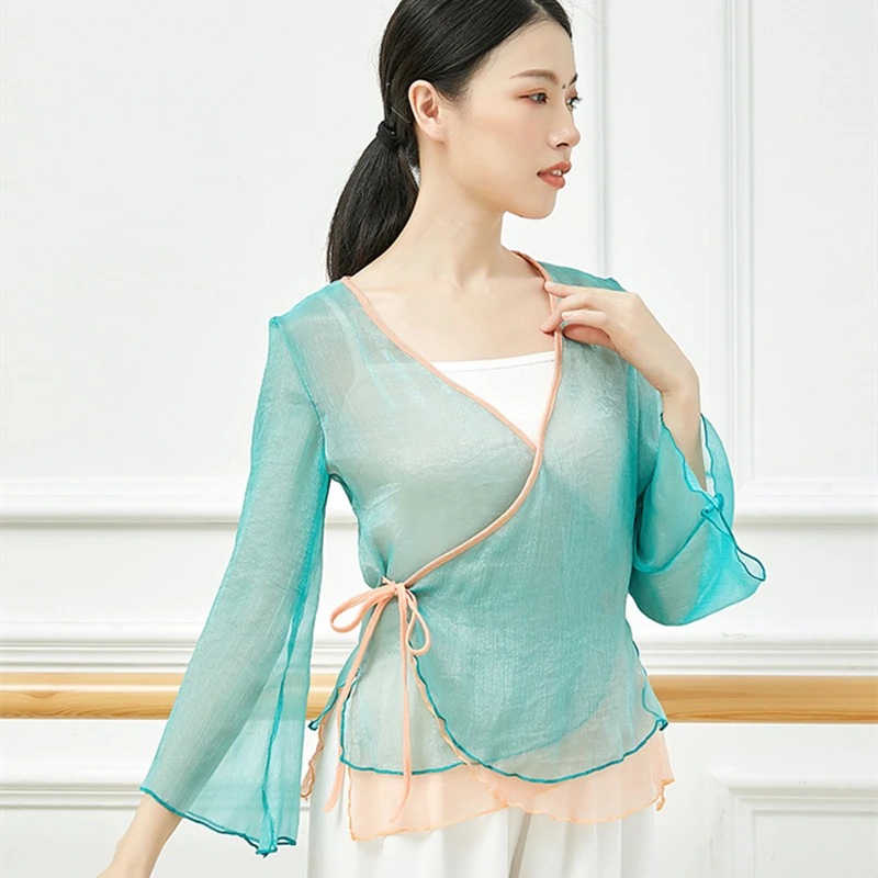 Женский топ для классических танцев кардиган с завязками блузка газовая