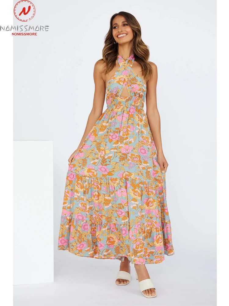 

Beach Style Women Print A-Line Dress Hollow Out Design Bandage Decor Halter Sleeveless Backless Elastic Waist Slim Long Dress