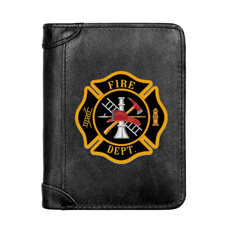 

New Arrivals Luxury Fire Dept Badge Printing Genuine Leather Men Wallet Classic Pocket Slim Card Holder Male Short Coin Purses