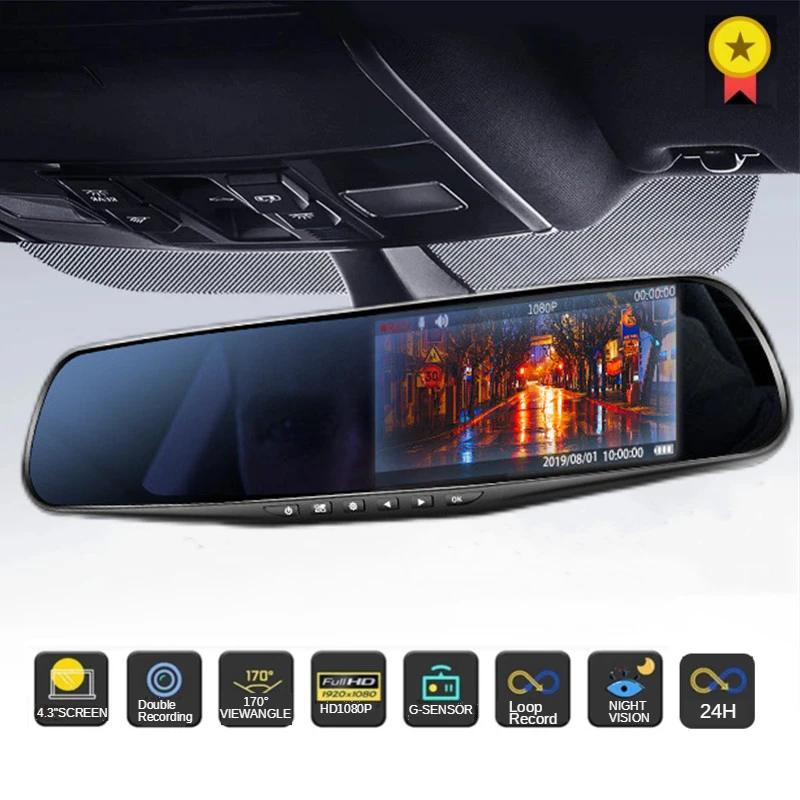 4.3in 24H Driving Recorder HD 1080P Mirror Car Dash Cam Dual Lens Video Recorder Car DVR Dash Camera Black Box Dashcam NEW 2022