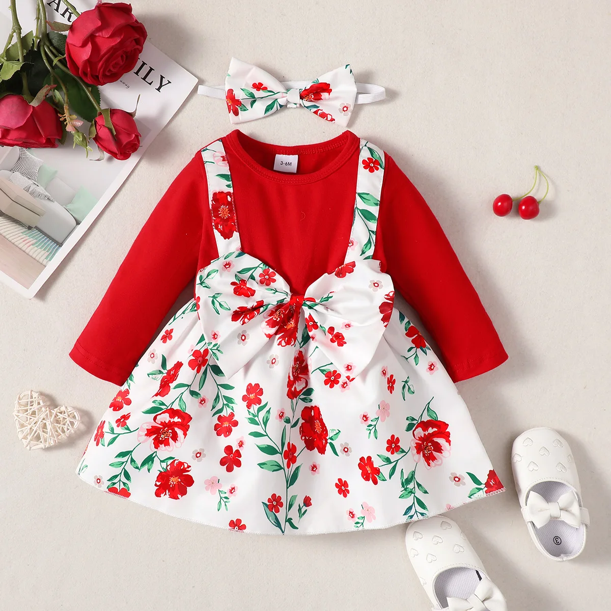 

Осеннее платье для маленьких девочек hibobi, однотонный топ с длинным рукавом и комбинезон с цветочным рисунком, цельное платье для младенцев ...