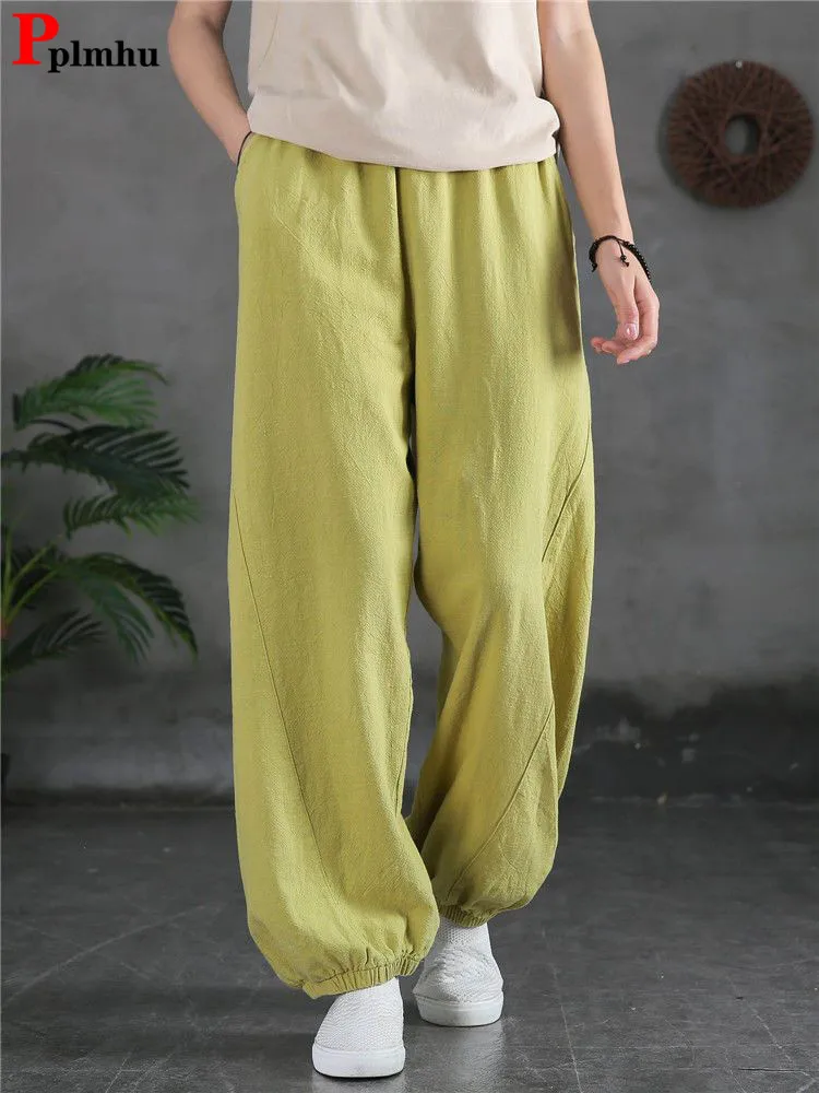 Summer Cotton Linen Women Big Size Bloomers Pants Casual Hig Wist Ankle-length Pantalones Thin Baggy 4xl Mom Jogger Sweatpants