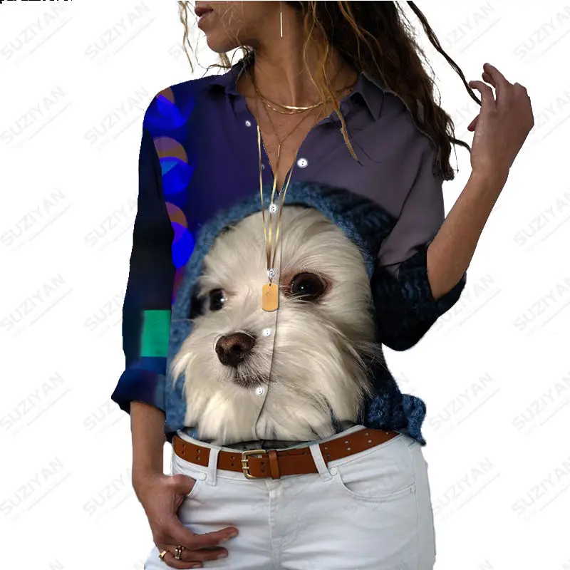 

Spring Autumn New Cat and Dog Animal Pattern 3D Printed Shirt Button Lapel Cardigan Top Women's Loose Casual Long Sleeve Shirt