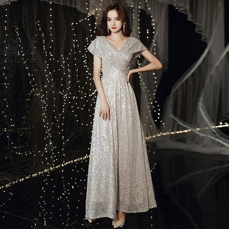 

Banquet Evening Dress New Champagne Sequin Temperament Queen Style Celebrity Thin Woman Dress