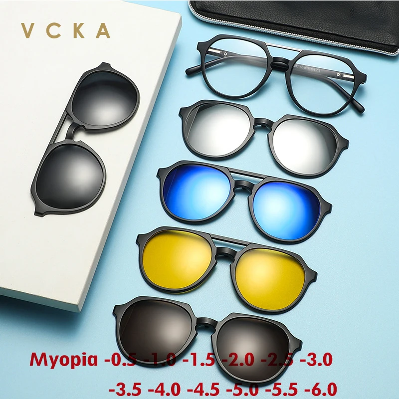 

Мужские и женские очки для близорукости VCKA, многогранные солнцезащитные очки 6 в 1 с магнитной застежкой, оправа для очков с двойным лучом, очки по рецепту от-0,5 до-10