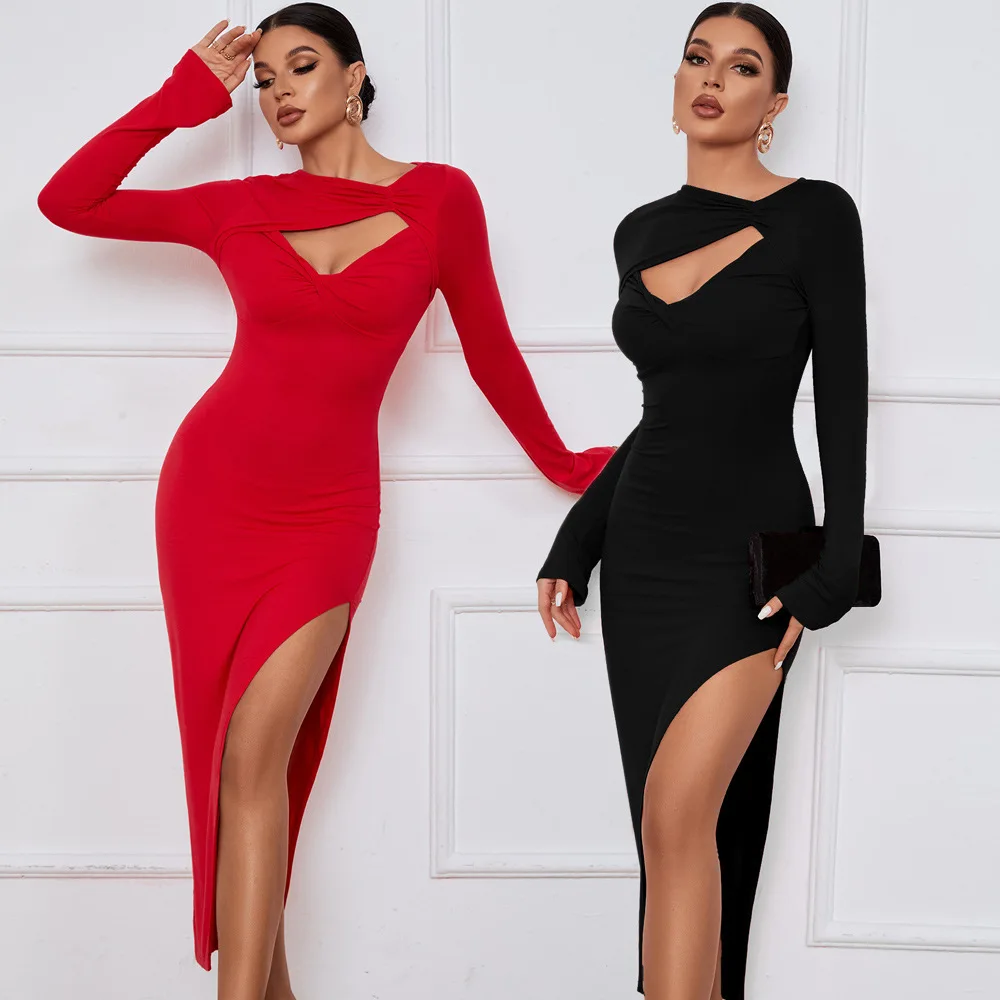 

Women Summer Sexy Hollow Out High Split Maxi Dress for Women Elegant Robe Full Sleeve Ruched Club Party Long Dress Vestido