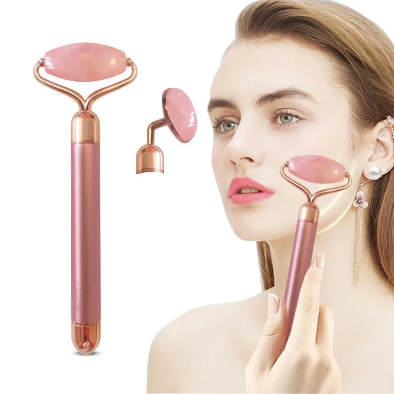 

2 In 1 Electric Vibrating Natural Rose Quartz Jade Roller Face Lifting Crystal Jade Stone Facial Roller Beauty Massage Tool