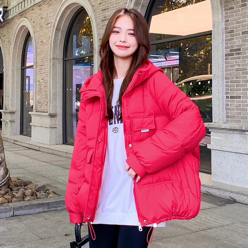 2023 Winter women's Clothing, Down Cotton Coat, Warm, Fashionable Cotton Coat, Large Pocket Hooded Candy Color Cotton Jacket