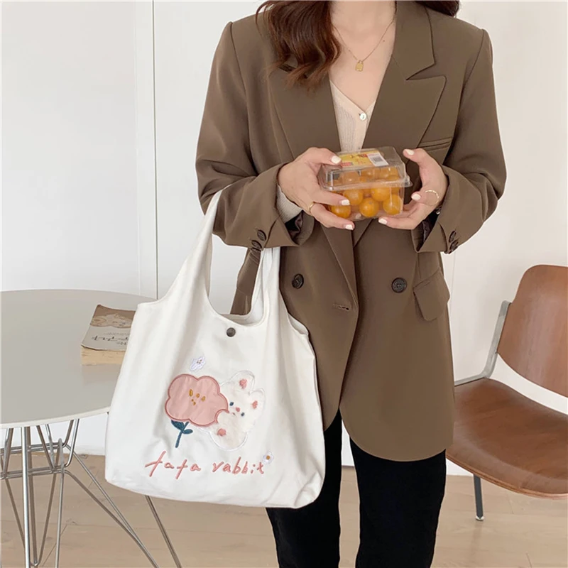 Green Shoulder Bag for Women Bunny Embroidery Large Capacity Canvas Tote Handbags Korean Fashion Cute Shopping Bags Female MO507