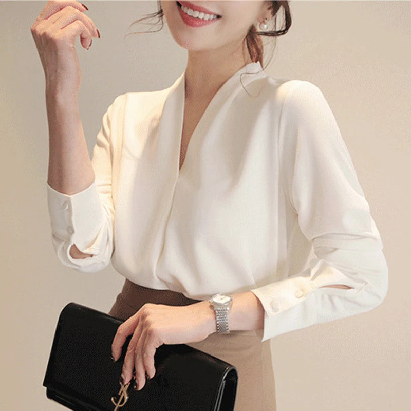 

Sandro Rivers Women Blouse Commuting Career White Shirt Temperament Slimming Work Clothes V-Neck Full Chiffon Top Blouses