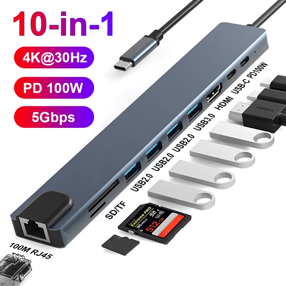 

USB C Docking Station USB HUB Type C Splitter USB C to HDMI-compatible Adapter 4K PD100W RJ45 USB 3.0 For Laptop Macbook Air