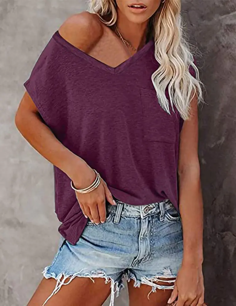 

Women's Fashion Spring and Summer New Solid Color Hem Slit Pocket V-neck Short-sleeved Top Casual Commuter All-match T-shirt
