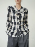 contrast color plaid shirt women korean fashion ruffled collar long sleeve blouse blusas mujer de moda 2022 verano