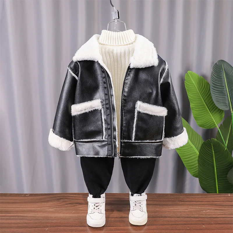 

2022 Girl Boy Winter Coat PU Velvet Thick Warm Coats Jackets Big Poket Baby Kid Fashion Leather Jacket Children Clothes for 2-7Y