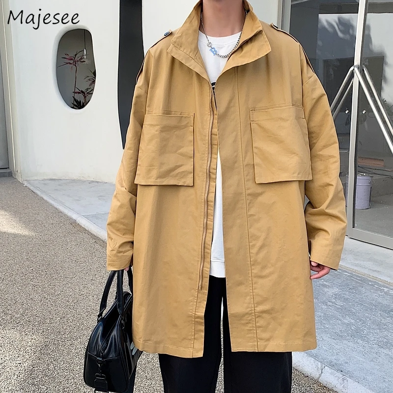 

Long Trench Men Outwear Pockets Solid Spring Fashion Korean Style Trendy Casual All-match BF Daily Overcoats Handsome Teenagers