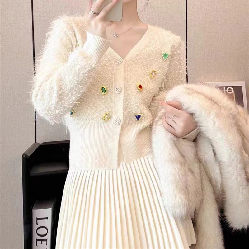 Женский вязаный кардиган с бриллиантами однобортный короткий свитер красного