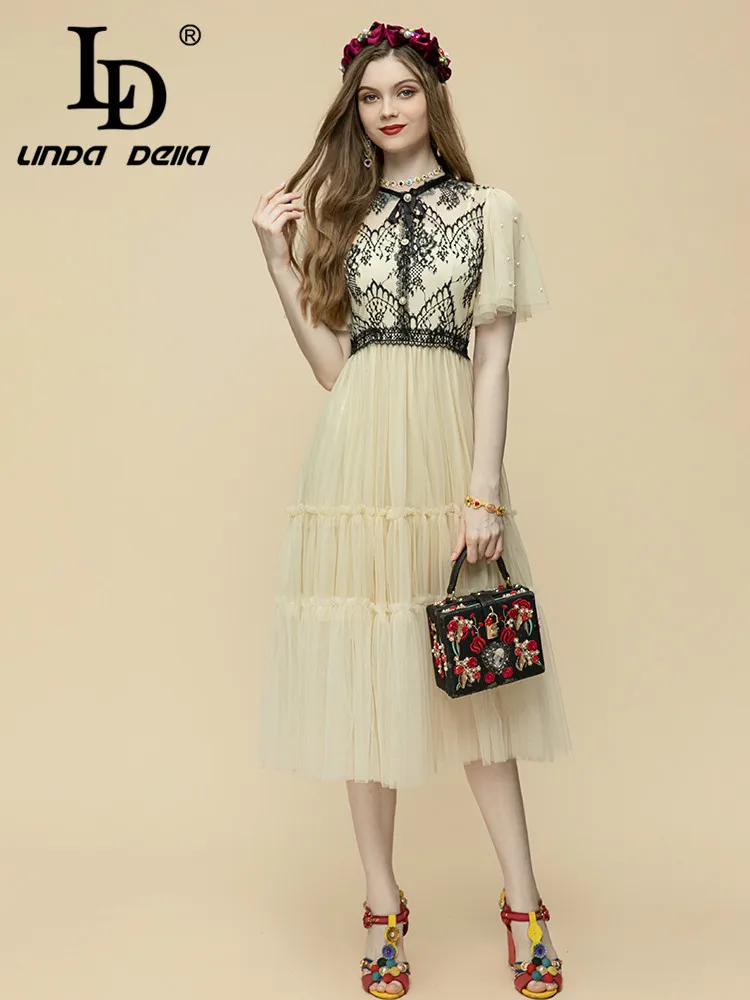 

LD LINDA DELLA 2023 Fashion Runway Summer Dress Women's Beading Flare Sleeve Mesh Lace Vintage party Midi Dresses