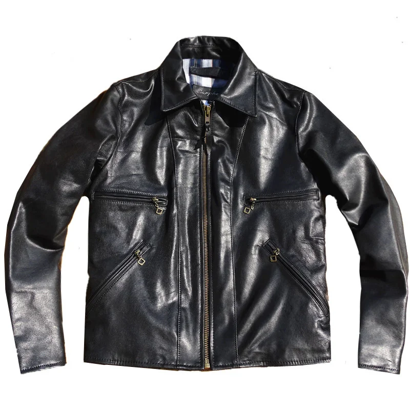 

Мужская куртка из натуральной кожи, черная короткая приталенная Тяжелая Байкерская мотоциклетная одежда в японском стиле, винтажная одежд...