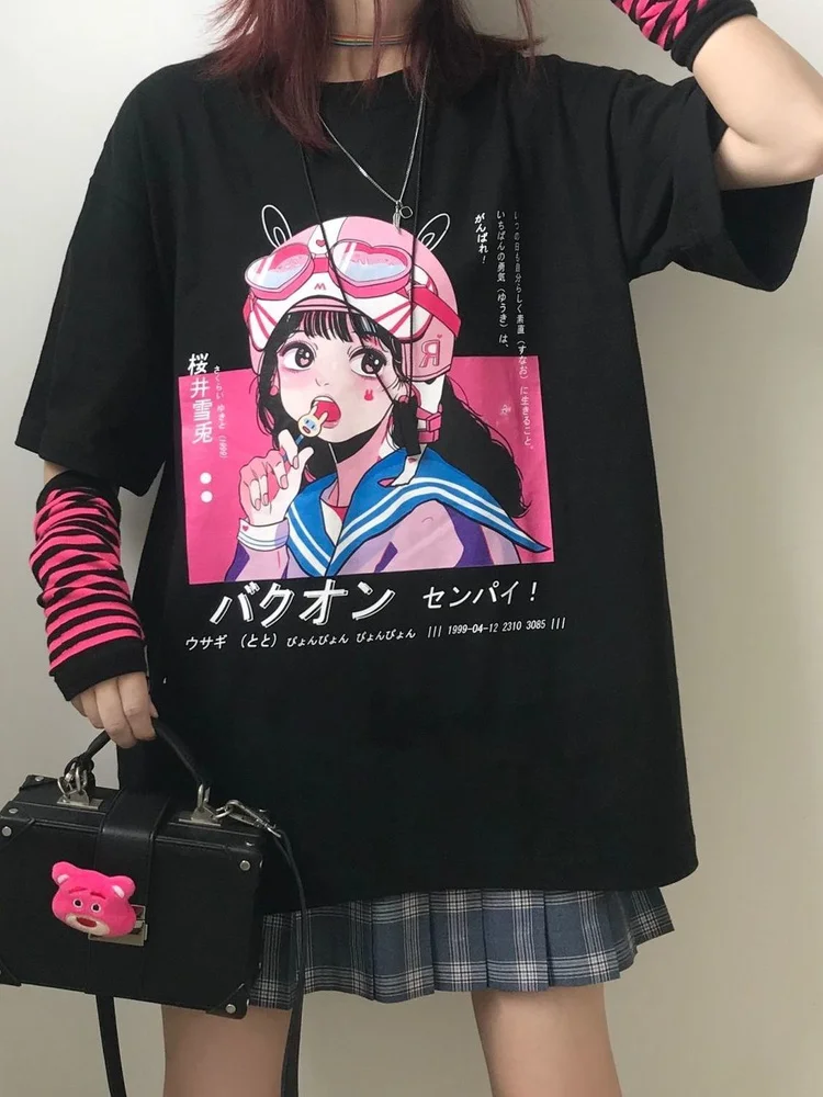 Deeptown Kawaii Girl Anime T-shirt Streetwear Harajuku Short Sleeve Tshirt Graphic Tees Japanese Cartoon Print Top Women Summer