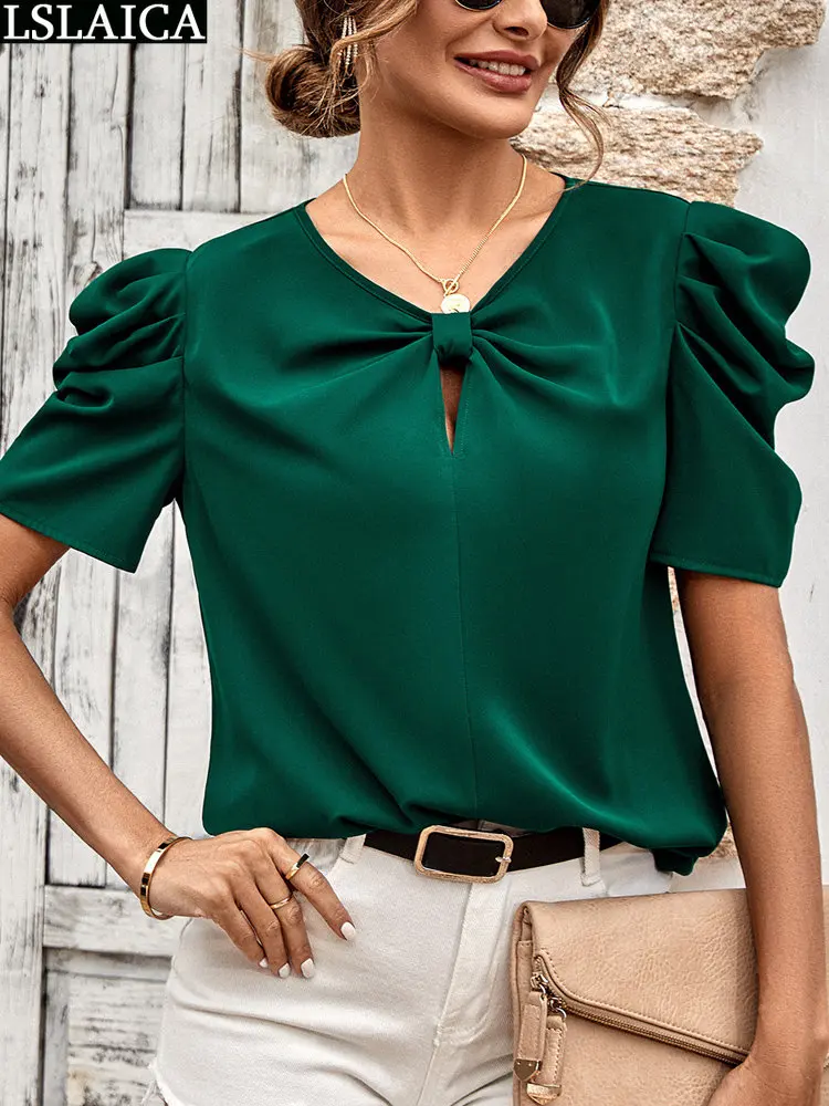 

Женская одежда с пышными рукавами, однотонные современные женские блузки с v-образным вырезом, элегантные летние топы 2023, модные простые тонкие рубашки