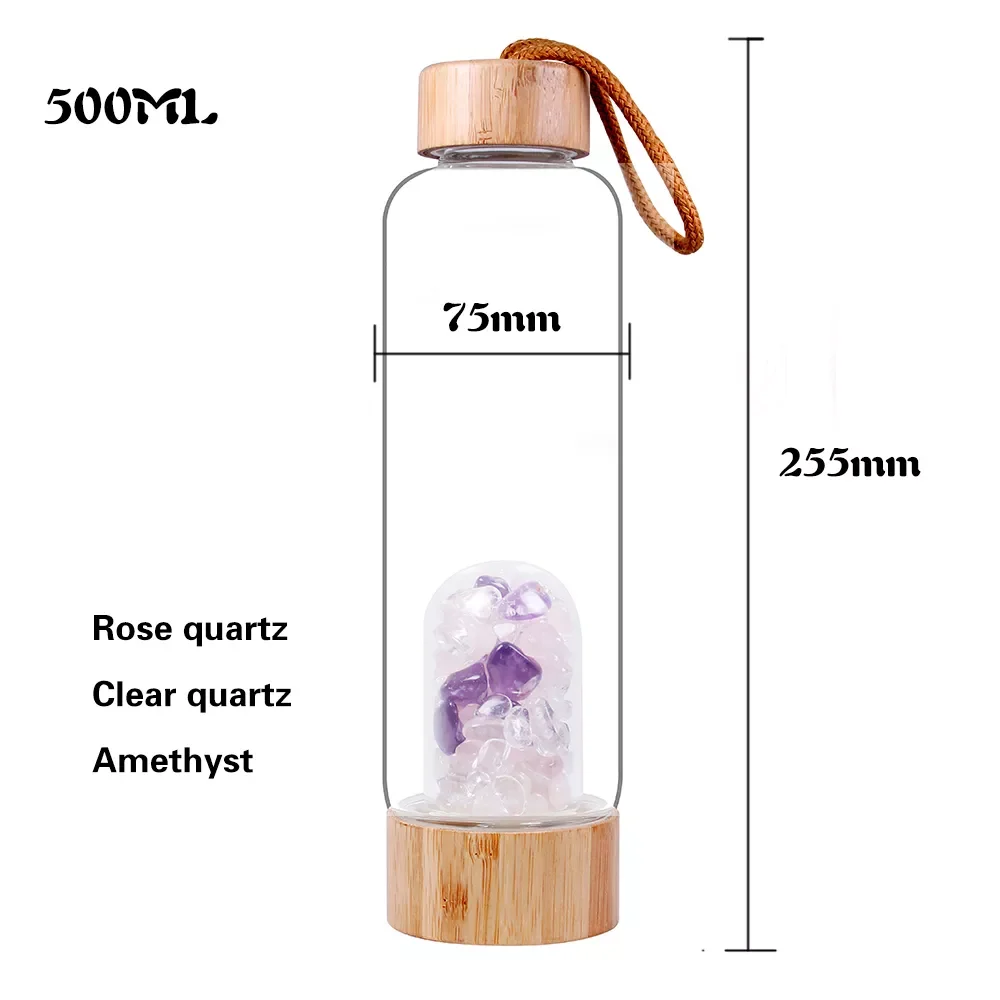 

1pc 550ml Natural Crystal Gravel Healing rose quartz ，amethyst and clear quartz Elixir Quartz Crystal Water Bottle