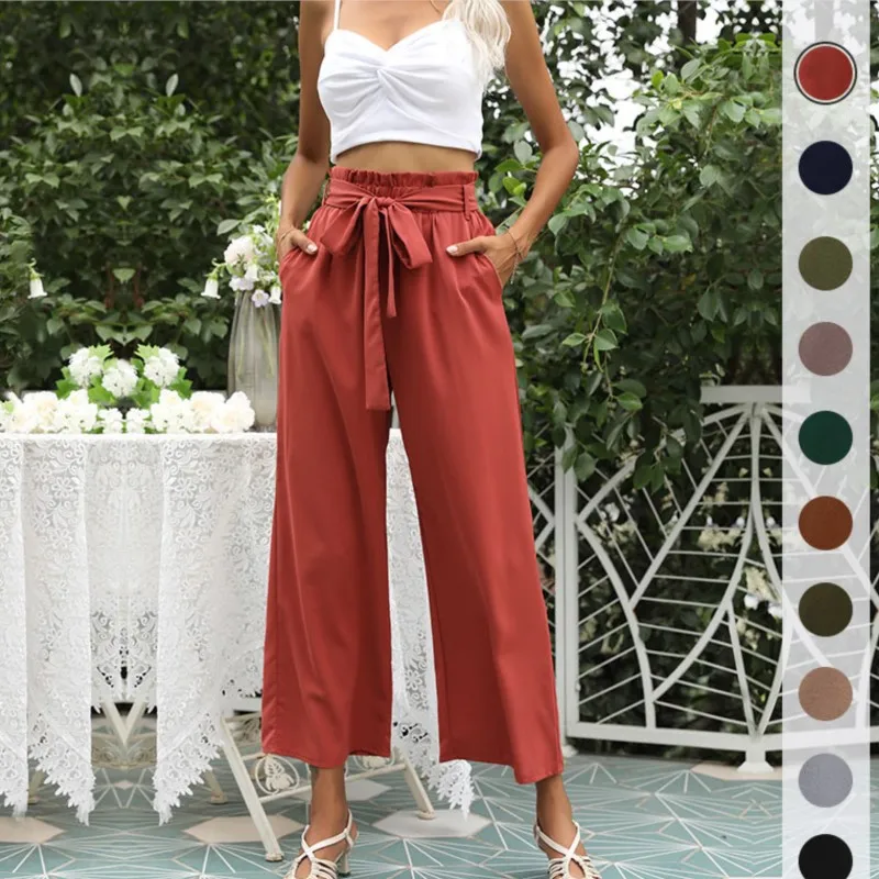 

Casual Women's Solid Color Nine Point Flared Pants With Autumn Tie Up Thin Pleated High Waisted Fashionable Street Style