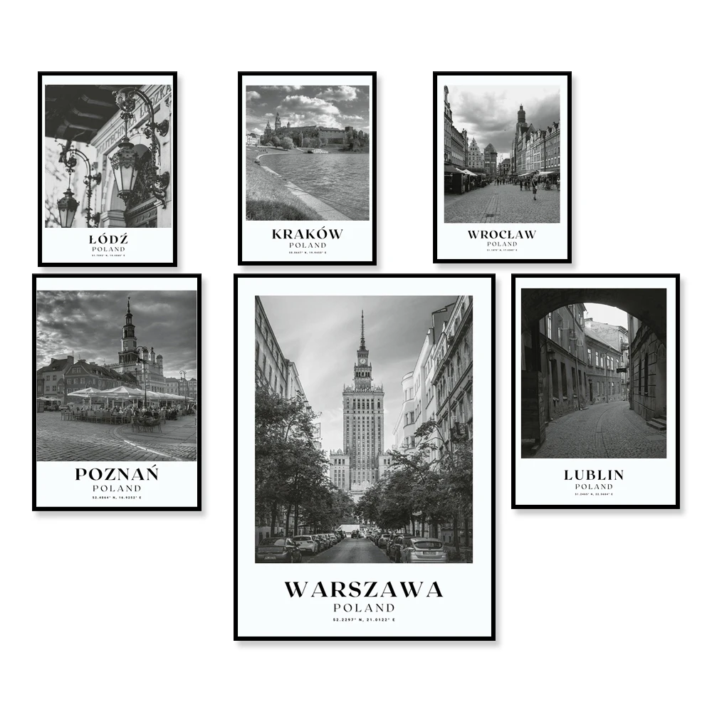 Фото Постер для путешествий, Польша, честохова, Краков, Bydgoszcz, Лодзь, Люблин, поплов, катавица, вроцкоготь, варшва, черный и белый город, Польша №4