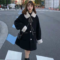 womens winter new fashion sweet and cute new 2021 wool blended jacket bowknot fur collar warm thickening long sleeve women