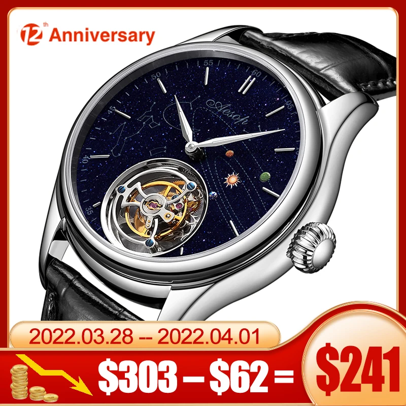 

AESOP 7025 Solar Tourbillon Watch Men's Sapphire Waterproof Watches For Men Mechanical Wristwatches Blue Stone relogio masculino