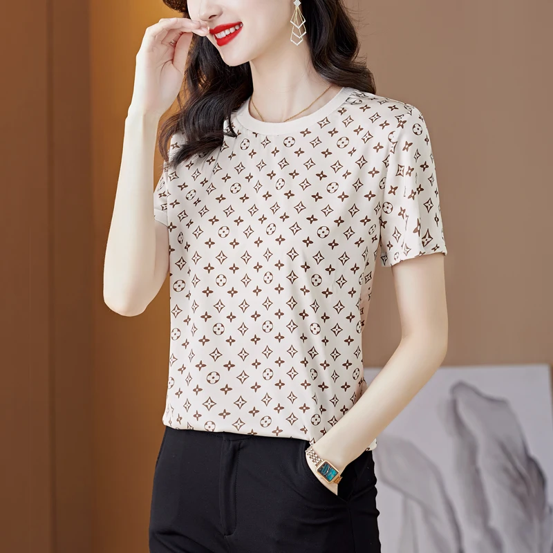 

Summer SATIN Graphic Tees O-Neck Mercerized Cotton Normcore/Minimalist Straight Tshirt Women