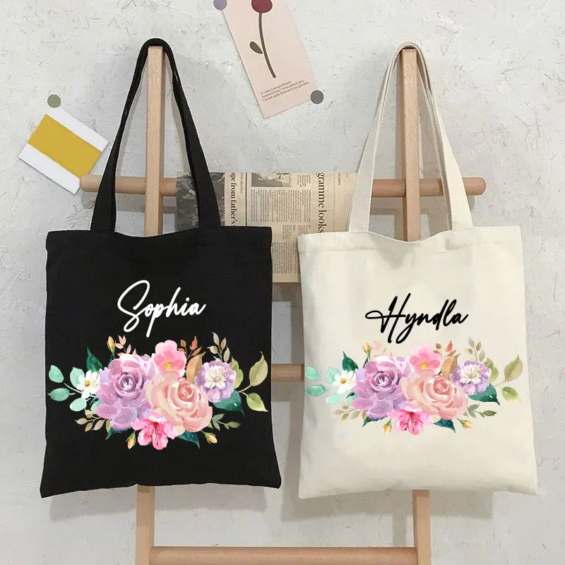 

Personalised Name Printed Canvas Tote Shopping Bag Custom Floral Name Design Bridesmaid Bride Maid of Honor Wedding Best Gifts